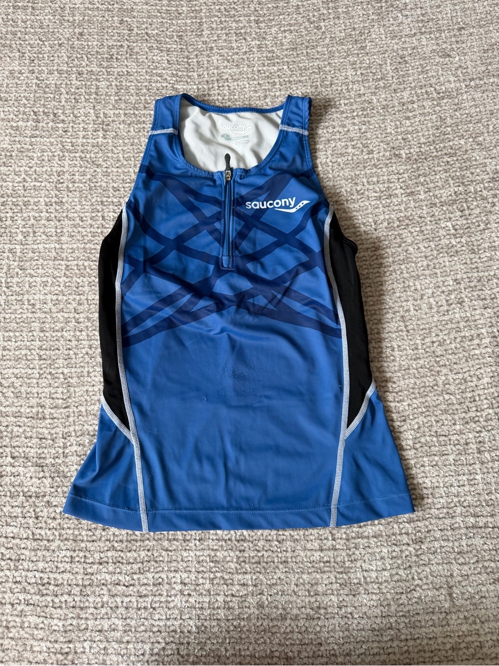Saucony Blue and Black Front-Zip cycling Tank with Geometric Detail